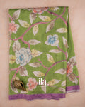 Leafy Green Floral Kantha Embroidered Semi Tussar Saree — Full Saree