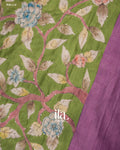 Leafy Green Floral Kantha Embroidered Semi Tussar Saree — Pallu