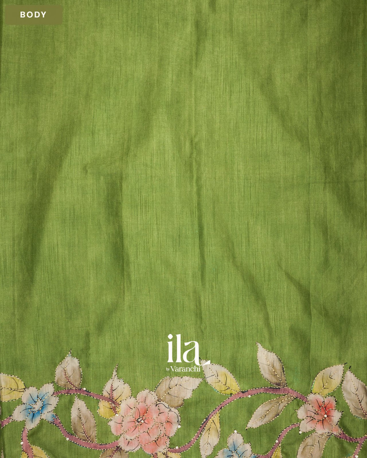 Leafy Green Floral Kantha Embroidered Semi Tussar Saree — Body