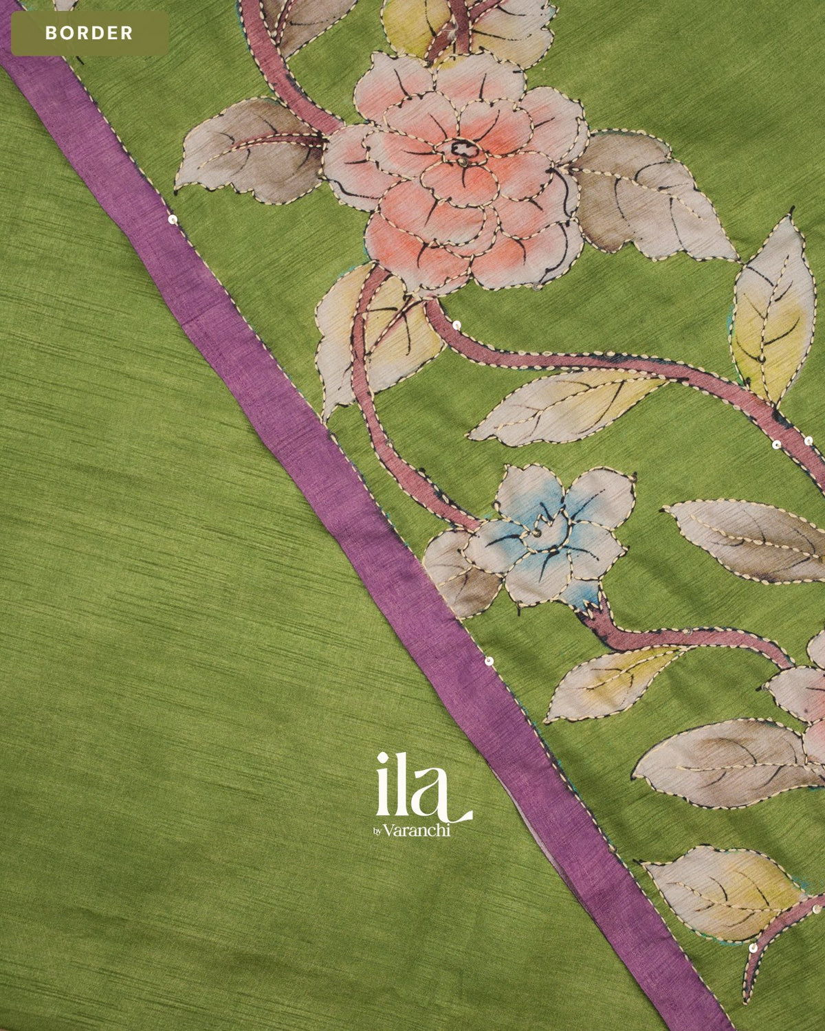 Leafy Green Floral Kantha Embroidered Semi Tussar Saree — Border