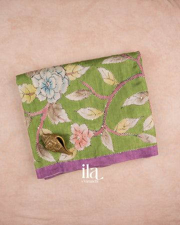 Leafy Green Floral Kantha Embroidered Semi Tussar Saree