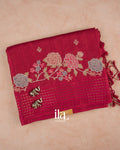Cherry Red Floral Embroidered Semi Tussar Saree — Folded