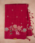 Cherry Red Floral Embroidered Semi Tussar Saree — Full Saree
