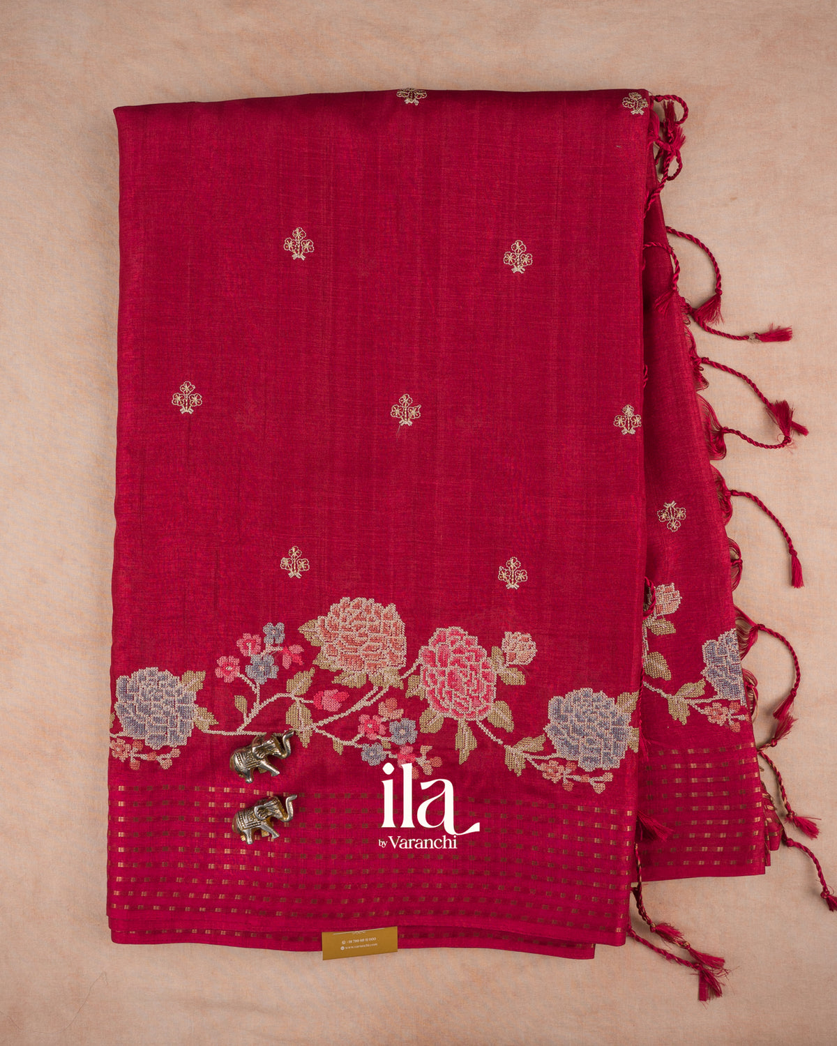 Cherry Red Floral Embroidered Semi Tussar Saree — Full Saree