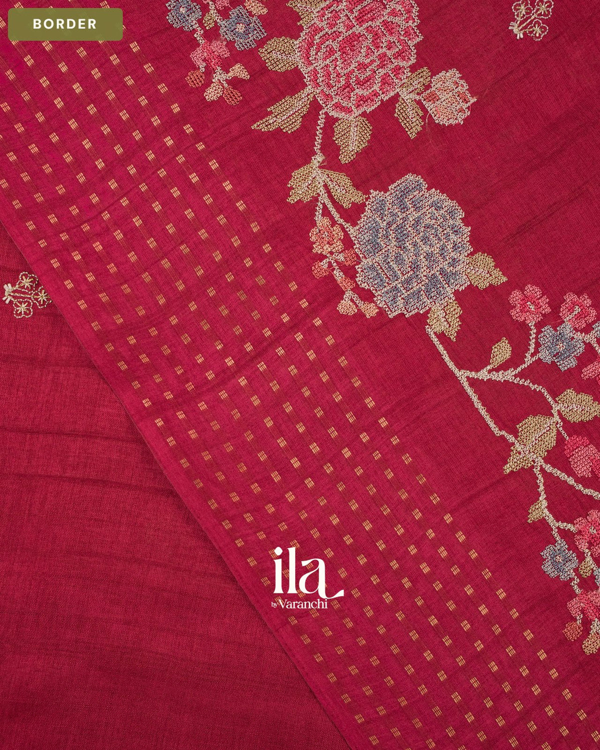 Cherry Red Floral Embroidered Semi Tussar Saree — Border