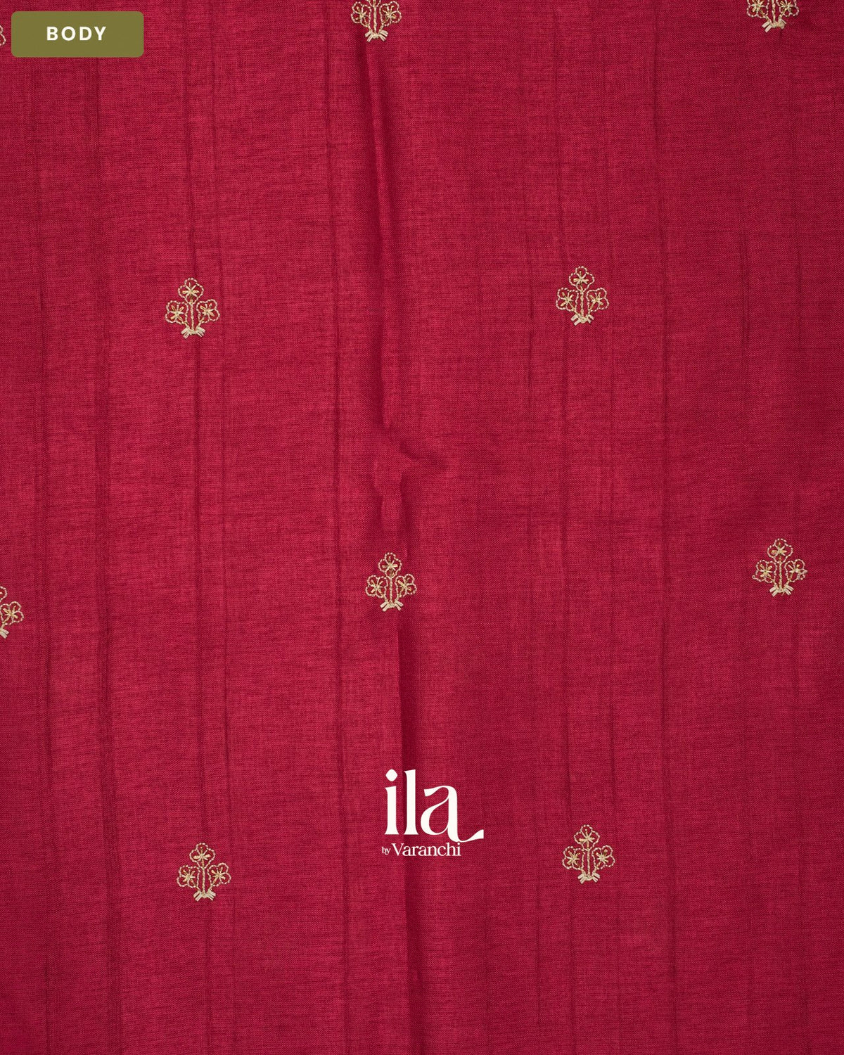 Cherry Red Floral Embroidered Semi Tussar Saree — Body