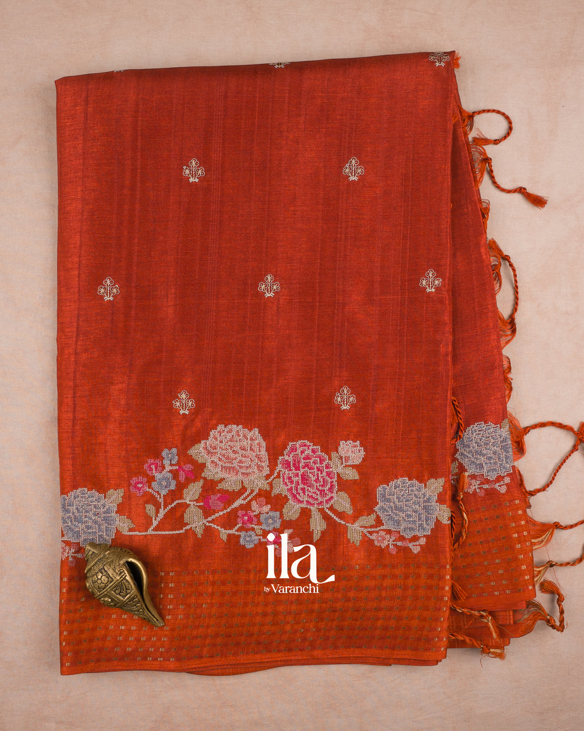 Rust Orange Floral Embroidered Semi Tussar Saree — Full Saree