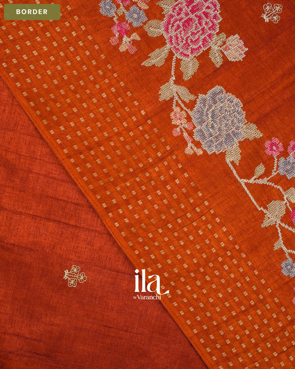 Rust Orange Floral Embroidered Semi Tussar Saree — Border