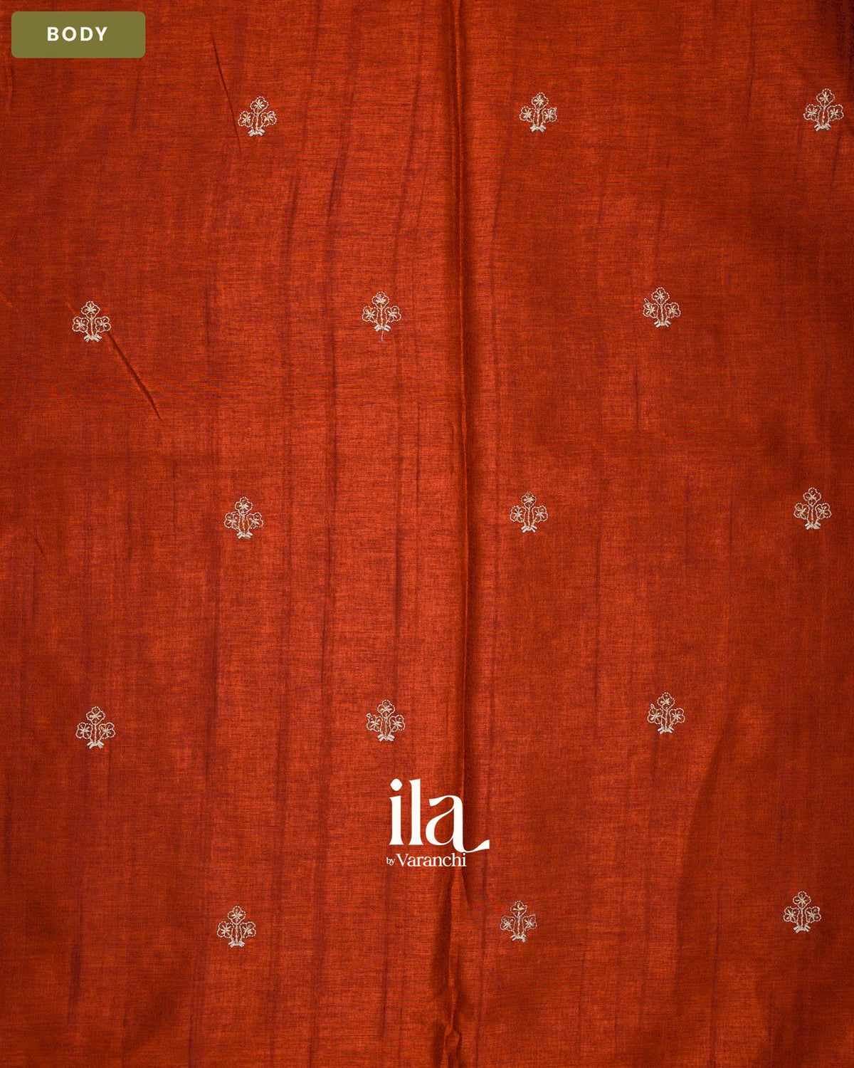 Rust Orange Floral Embroidered Semi Tussar Saree — Body