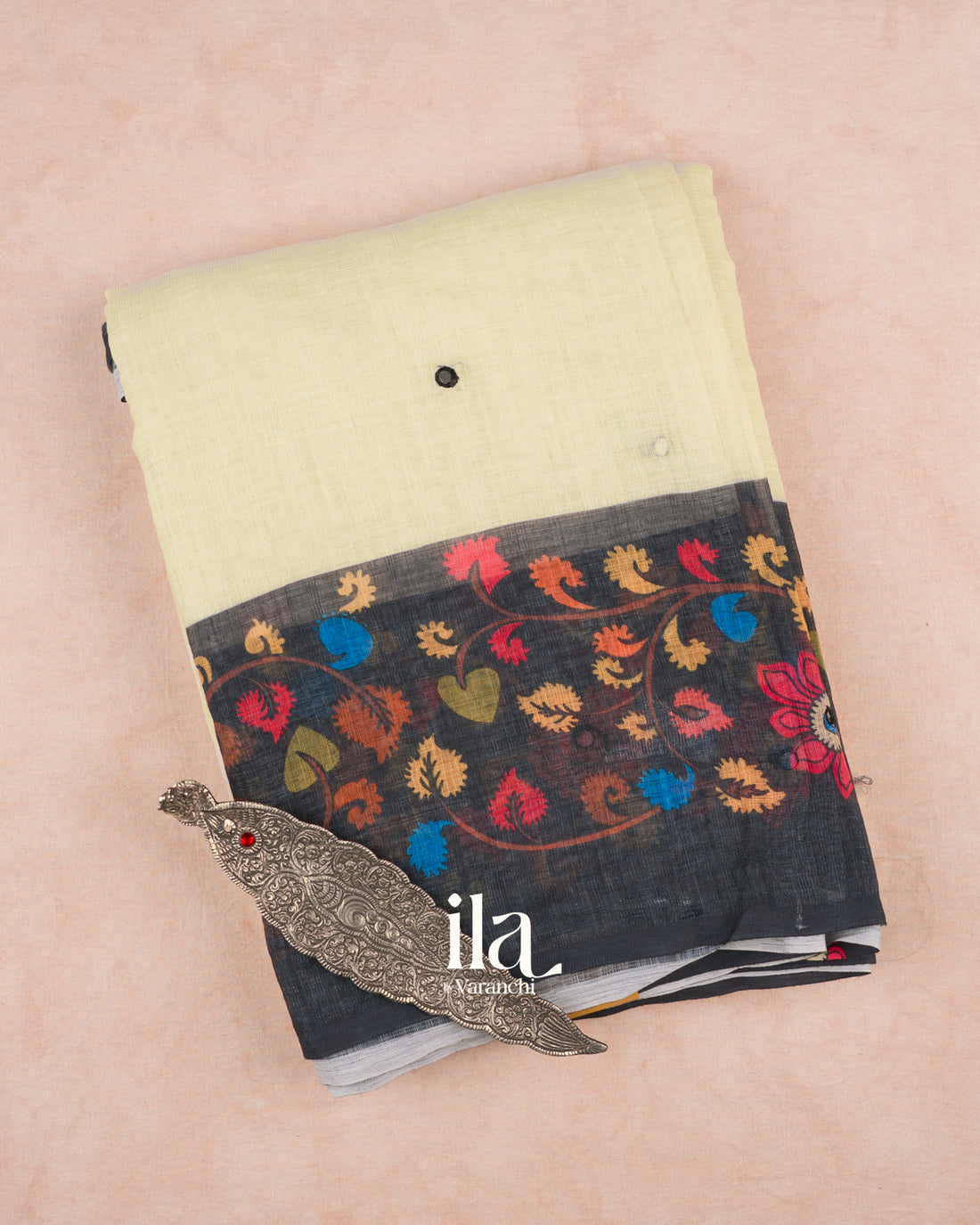 Cream Mirror Embroidered Semi Linen Saree — Folded