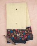 Cream Mirror Embroidered Semi Linen Saree — Full Saree