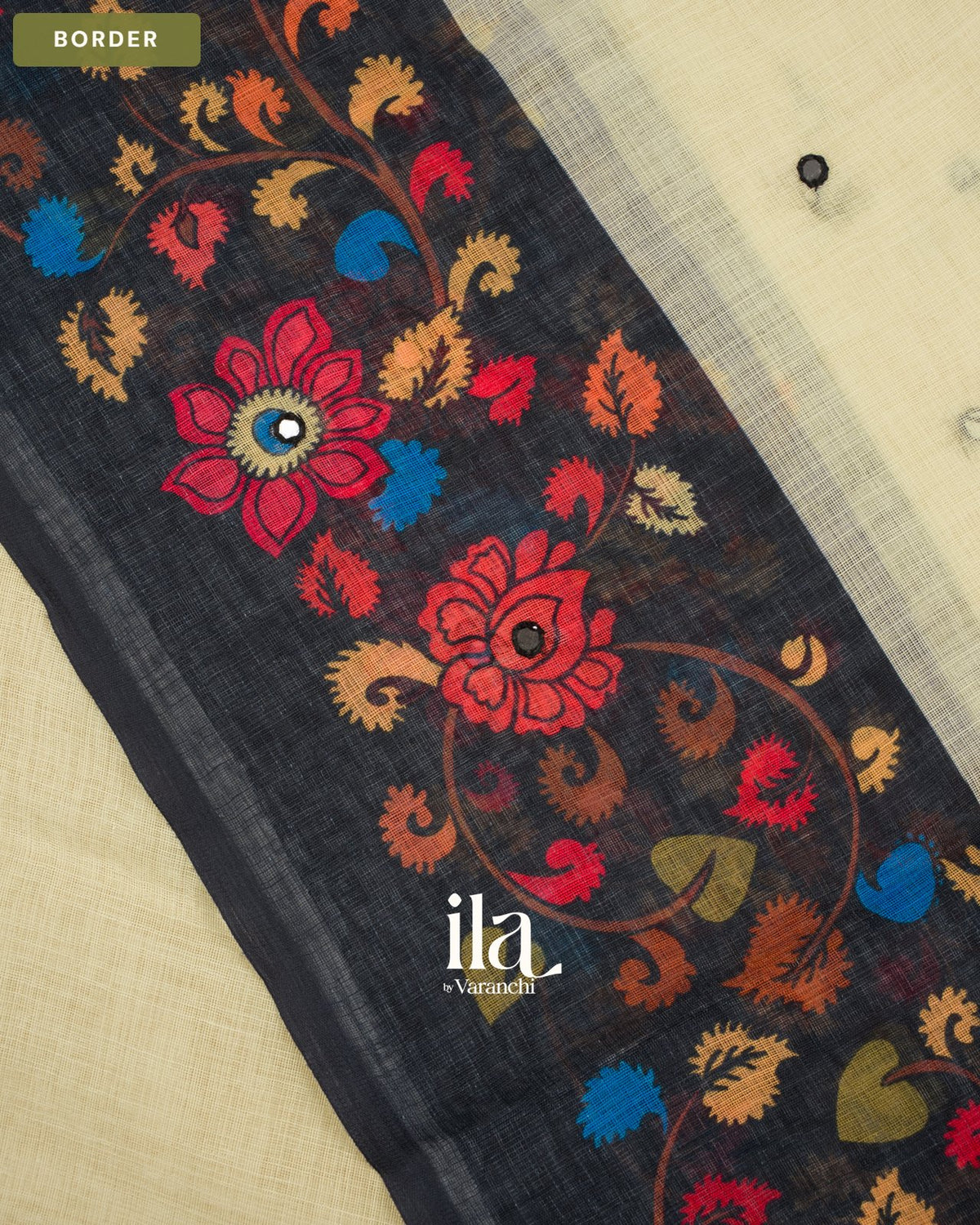 Cream Mirror Embroidered Semi Linen Saree — Border
