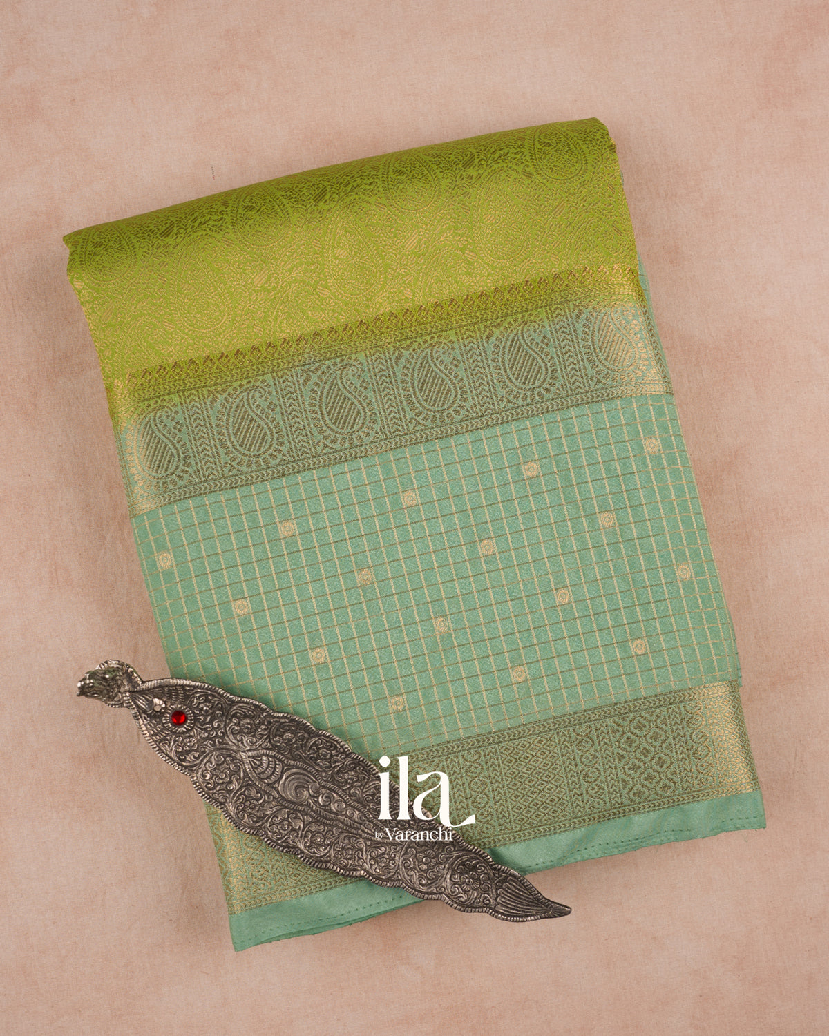 Parrot Green Paisley Brocade Semi Georgette Saree — Folded