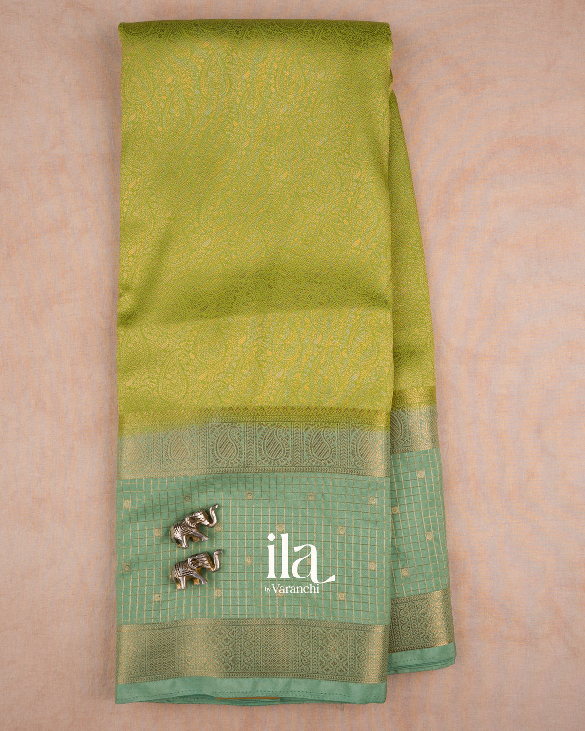 Parrot Green Paisley Brocade Semi Georgette Saree — Full Saree