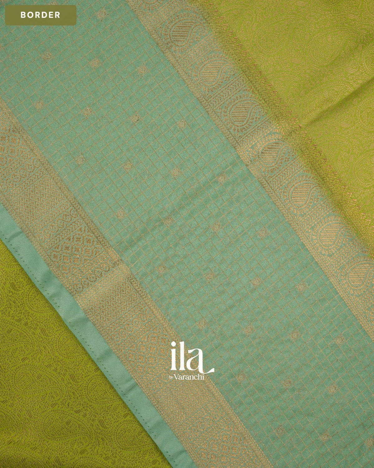 Parrot Green Paisley Brocade Semi Georgette Saree — Border