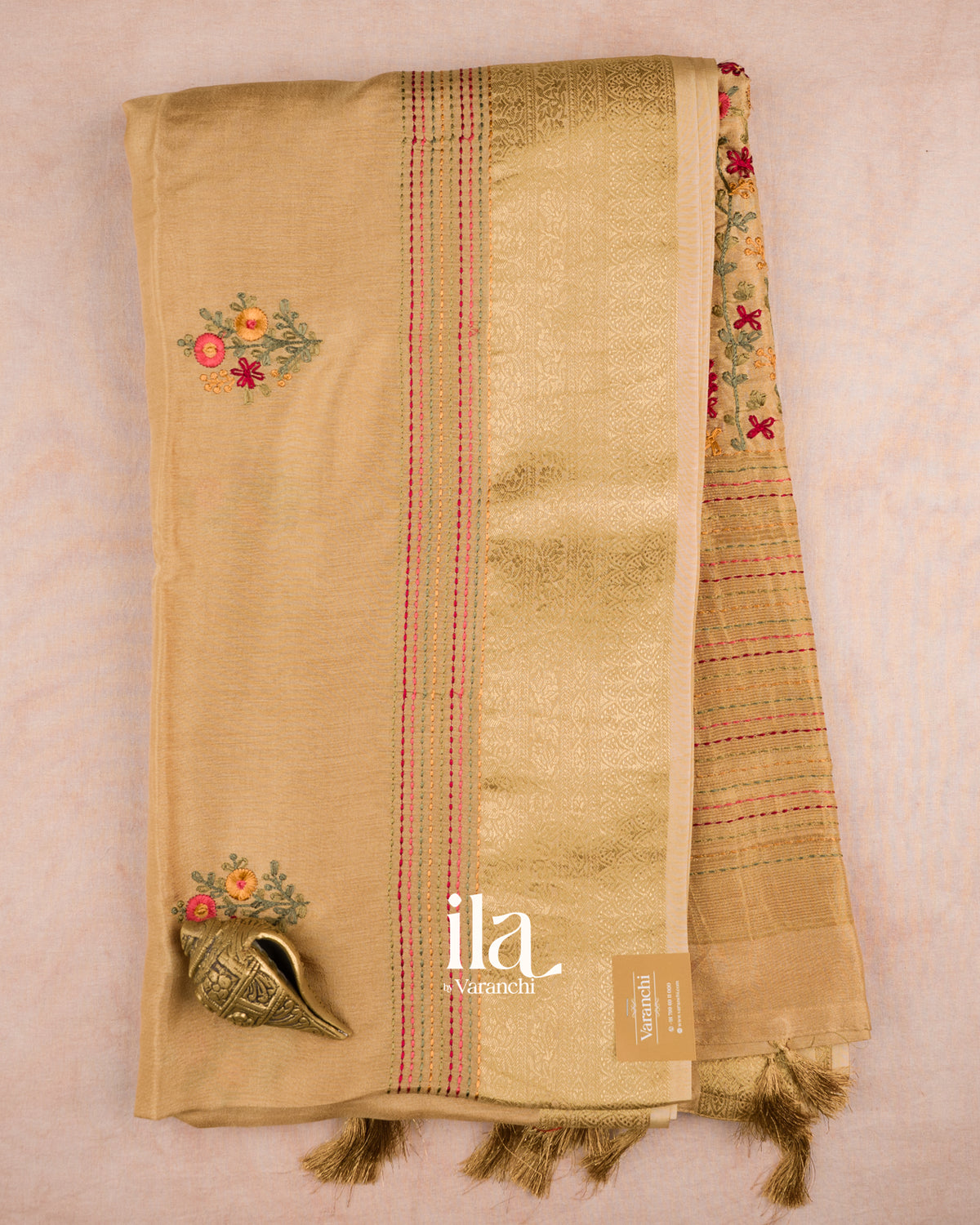 Beige Floral Embroidered Dola Silk Saree — Full Saree