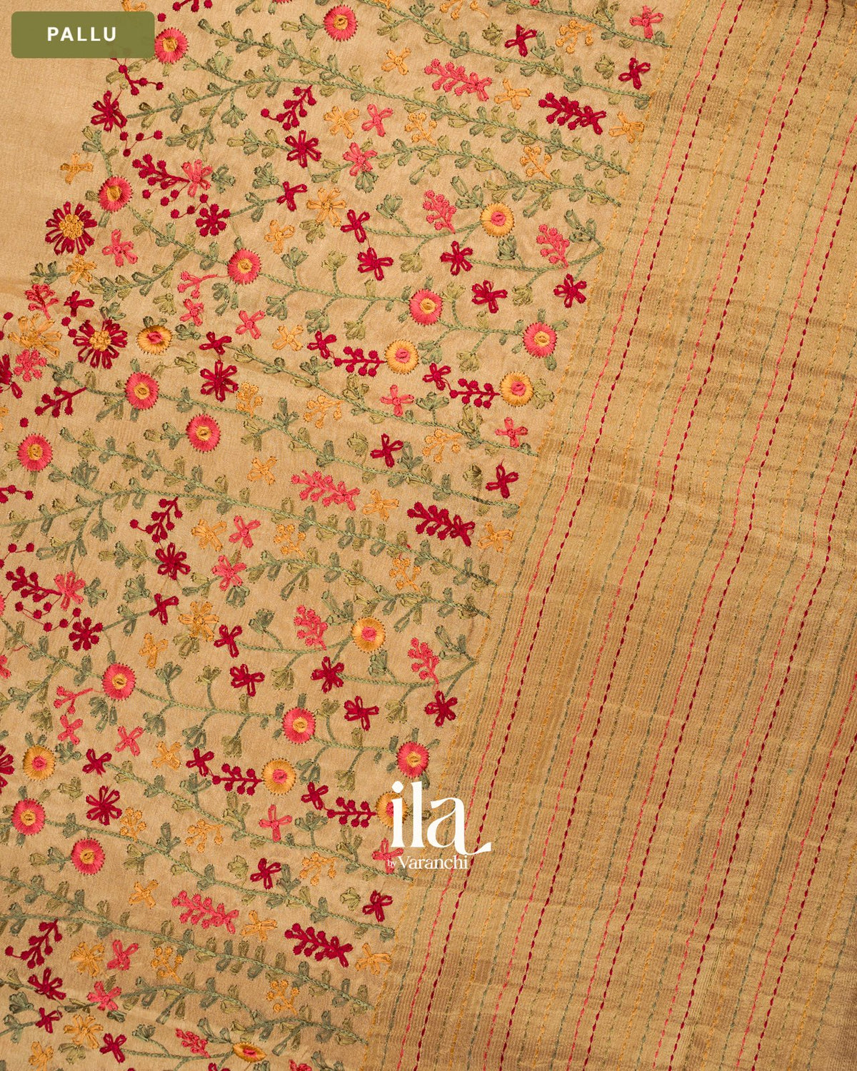 Beige Floral Embroidered Dola Silk Saree — Pallu