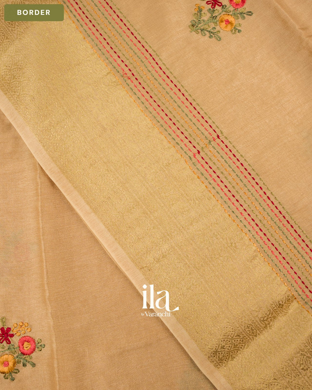 Beige Floral Embroidered Dola Silk Saree — Border