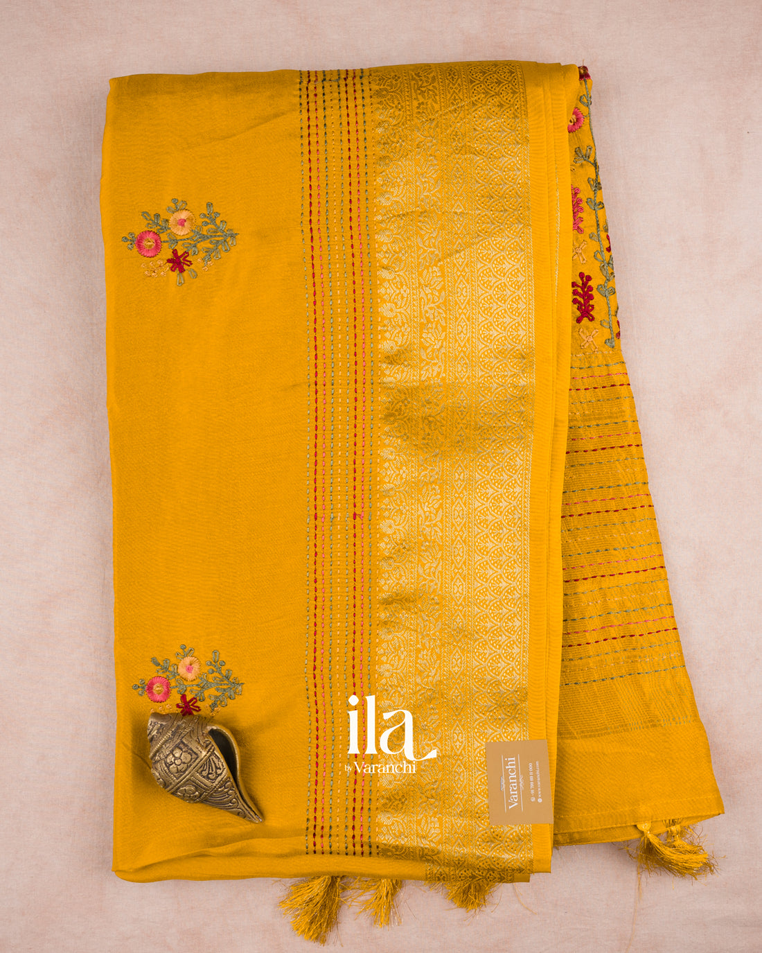 Mustard Yellow Floral Embroidered Dola Silk Saree — Full Saree