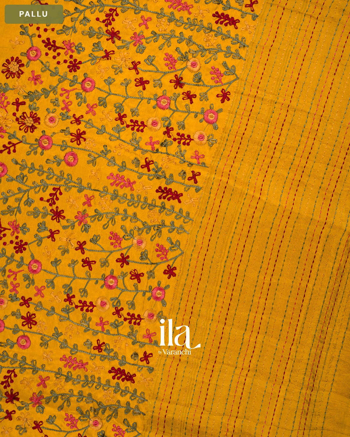 Mustard Yellow Floral Embroidered Dola Silk Saree — Pallu