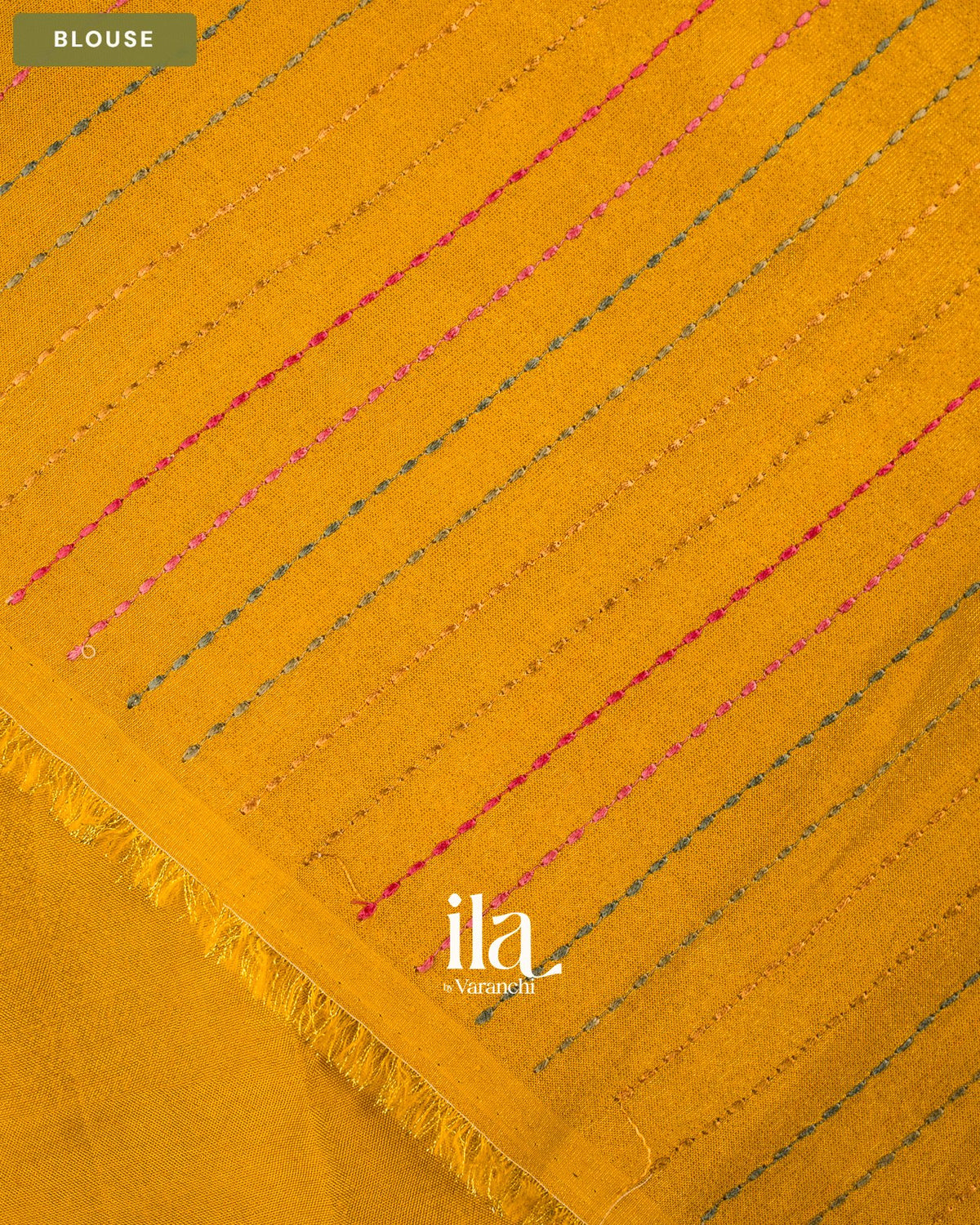 Mustard Yellow Floral Embroidered Dola Silk Saree — Blouse