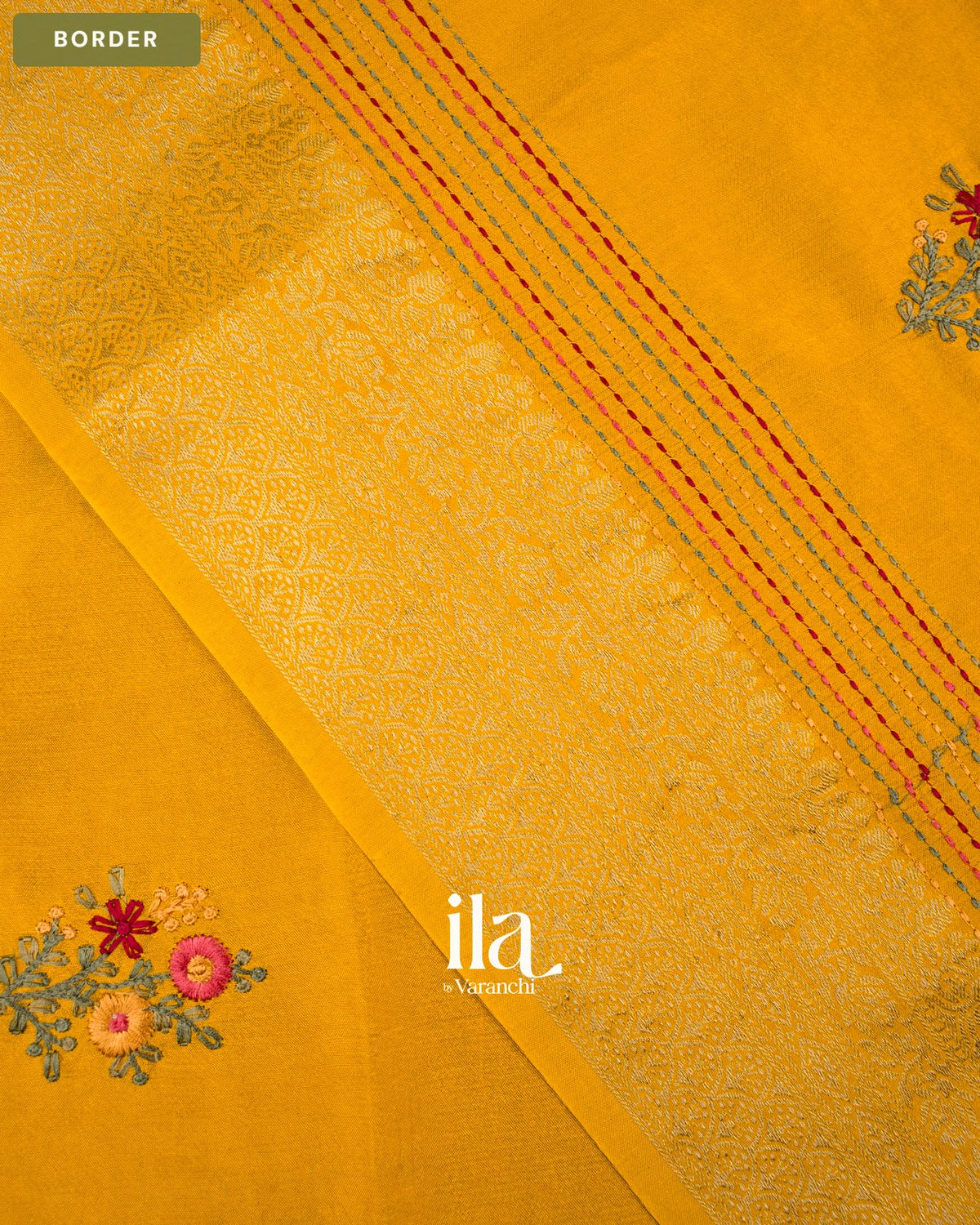 Mustard Yellow Floral Embroidered Dola Silk Saree — Border