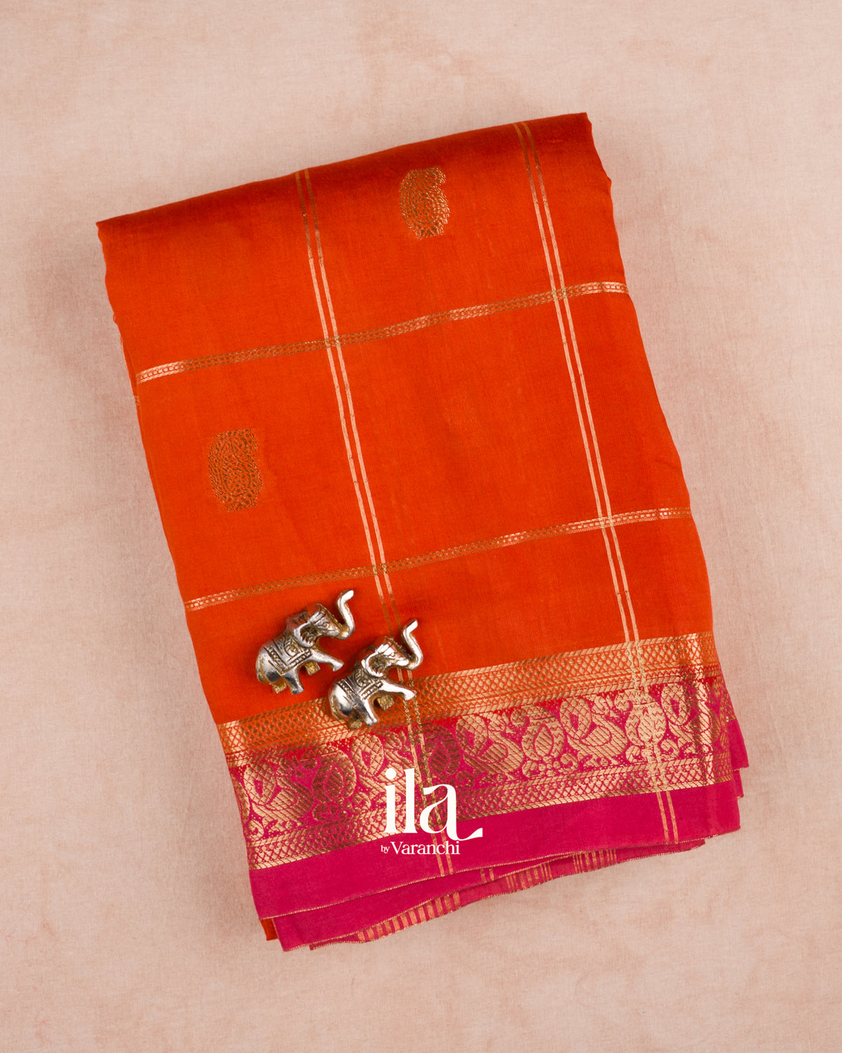 Burnt Orange Checkered Assam Silk Saree — Folded