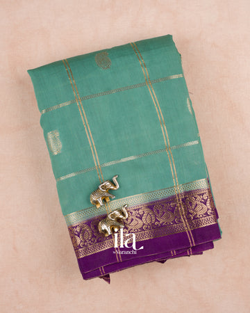 Powder Blue Checkered Assam Silk Saree — Folded