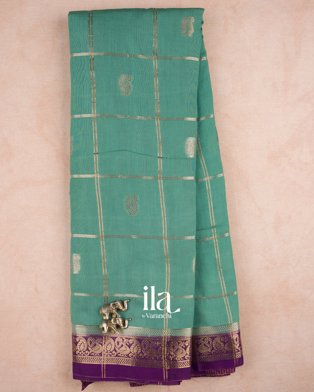 Powder Blue Checkered Assam Silk Saree — Full Saree