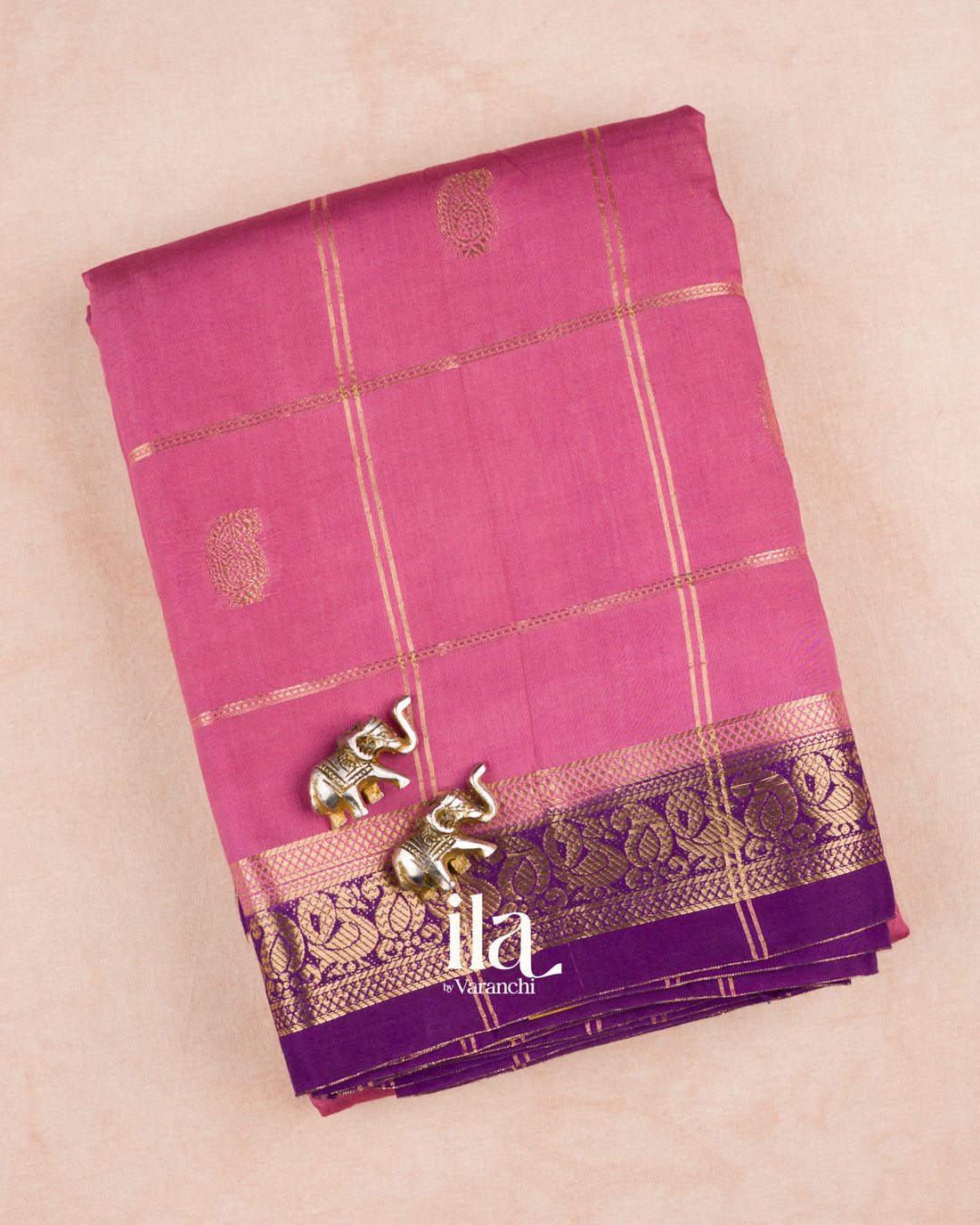 Mauve Checkered Assam Silk Saree — Folded