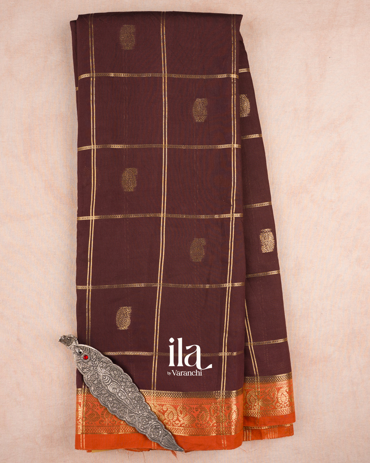 Coffee Brown Checkered Assam Silk Saree — Full Saree