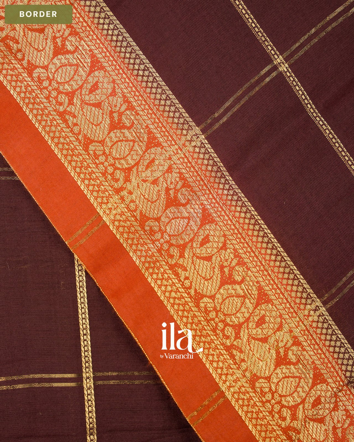 Coffee Brown Checkered Assam Silk Saree — Border
