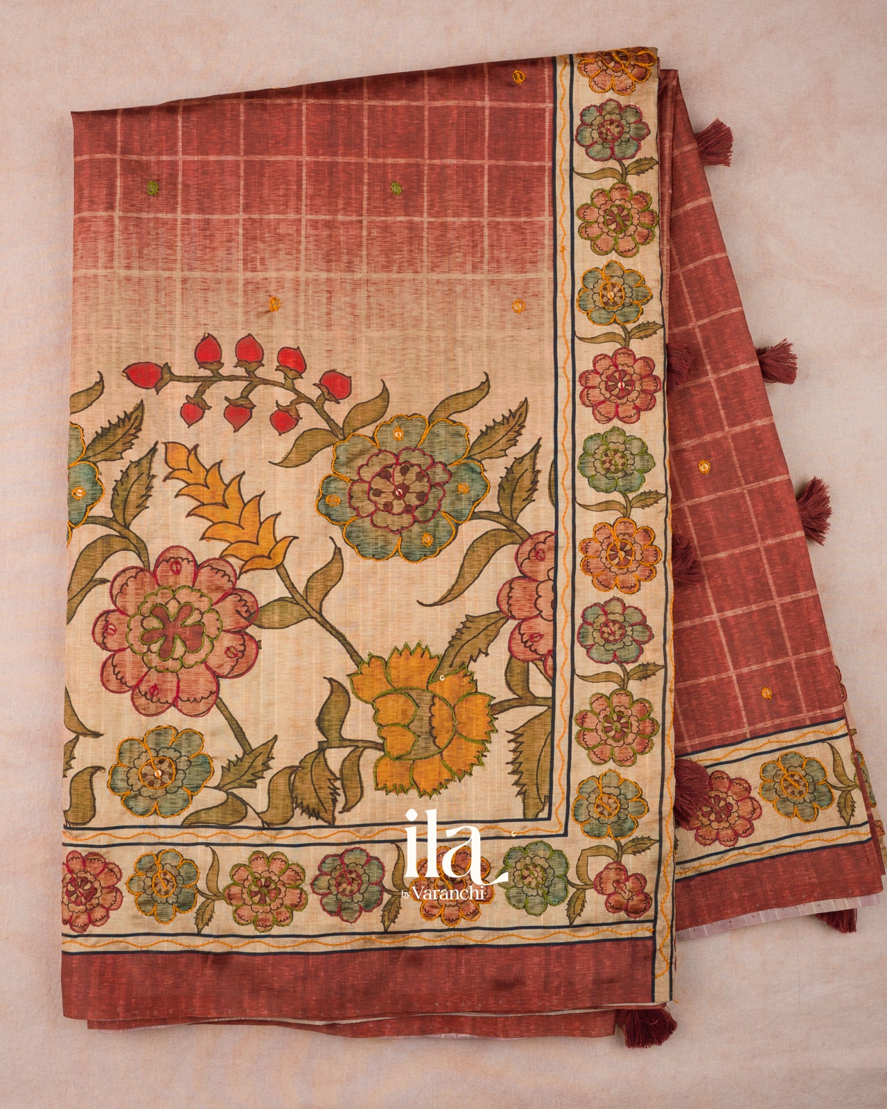 Brown Kalmkari Print Semi Tussar Saree