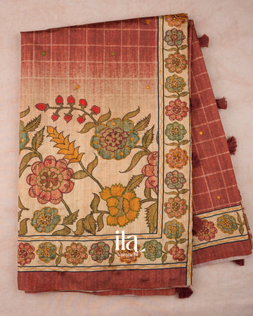 Brown Kalmkari Print Semi Tussar Saree
