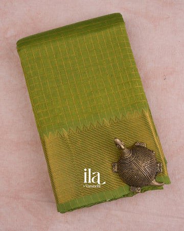 Mehandi Green Checkered Semi Mangalgiri Silk Cotton Handloom Saree