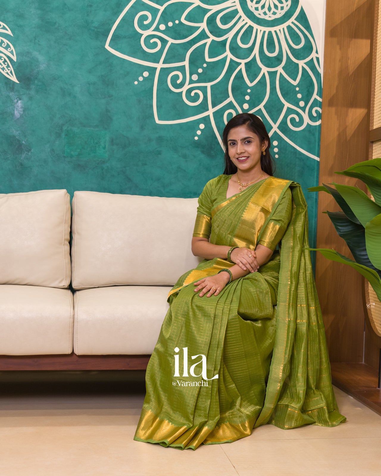Mehandi Green Checkered Semi Mangalgiri Silk Cotton Handloom Saree