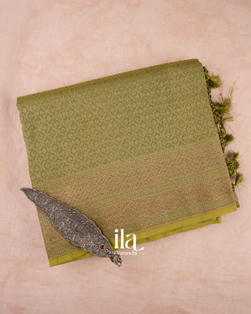 Olive Green Brocade Semi Banarasi Silk Saree