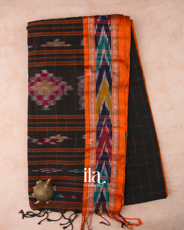 Charcoal Black Ikat Butta Bengal Khadi Saree