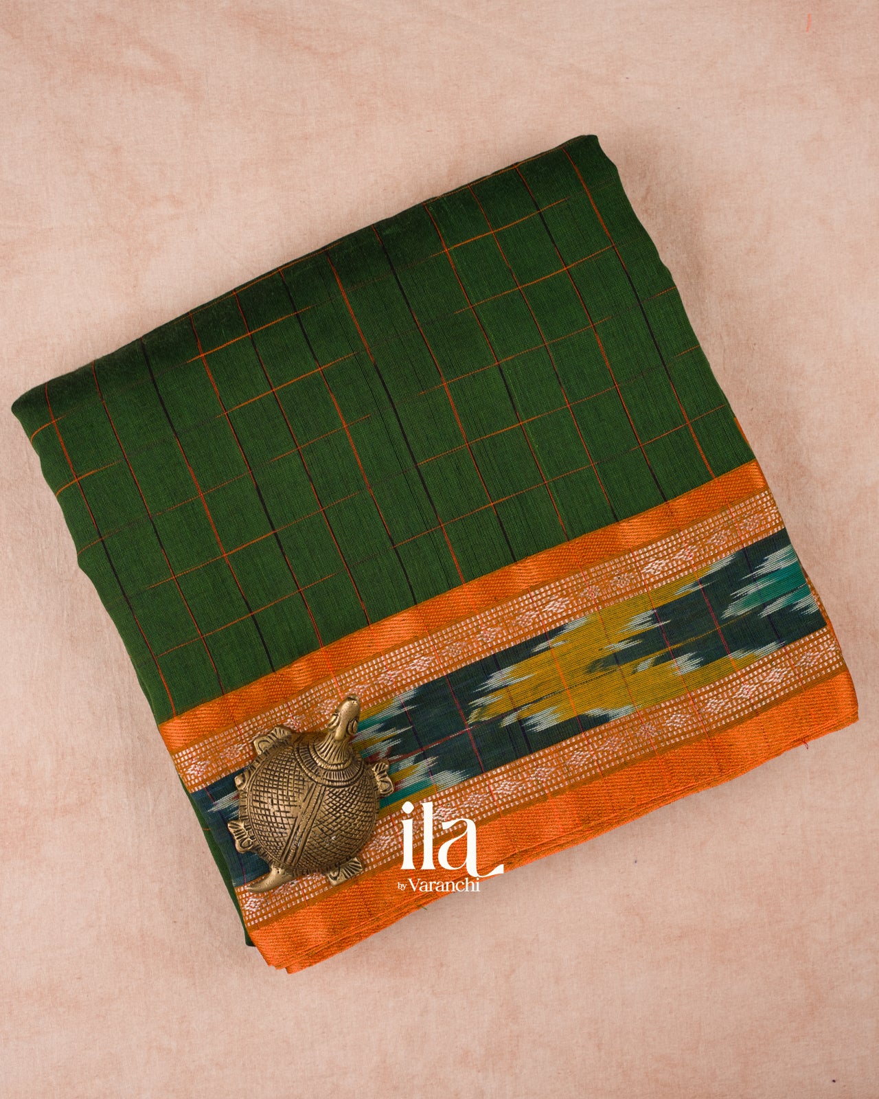 Bottle Green Checkered Bengal Khadi Saree