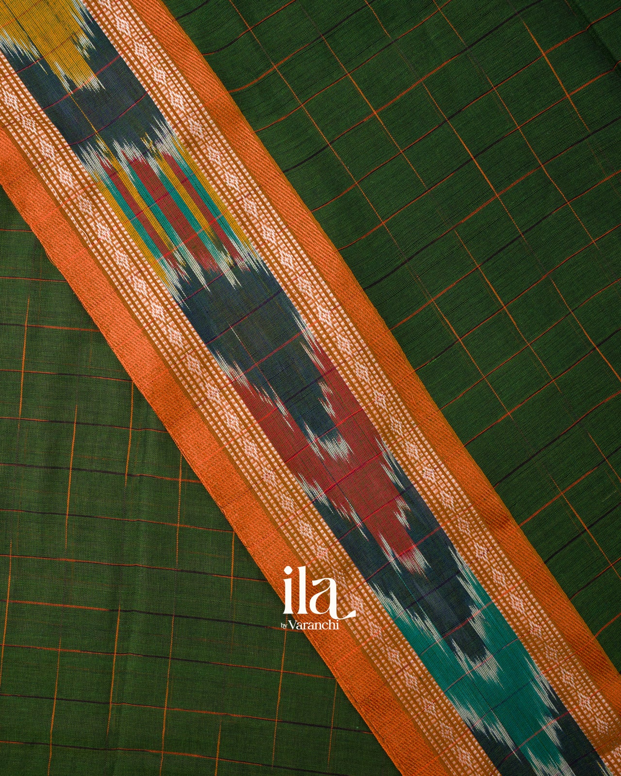 Bottle Green Checkered Bengal Khadi Saree