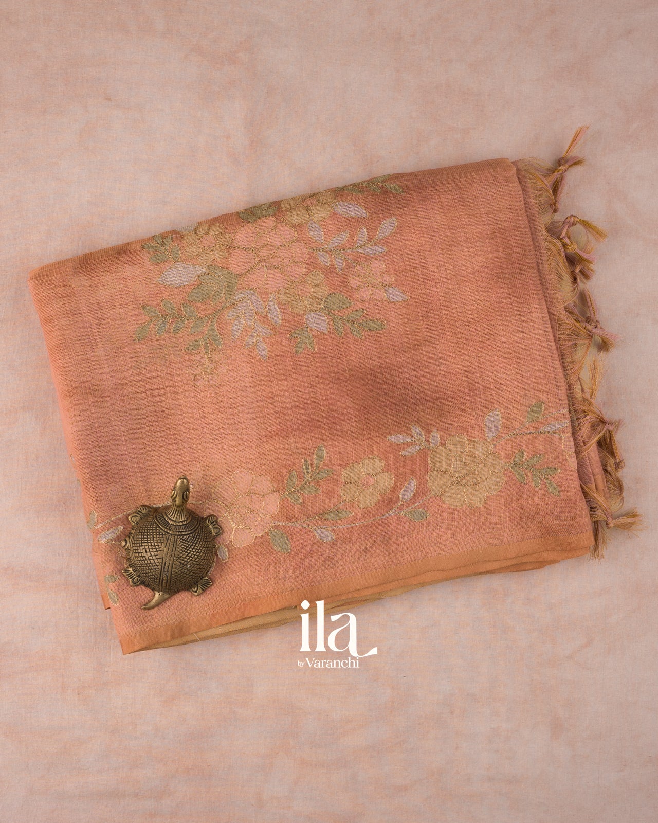 Peach Floral Printed and Embroidered Semi Linen Saree