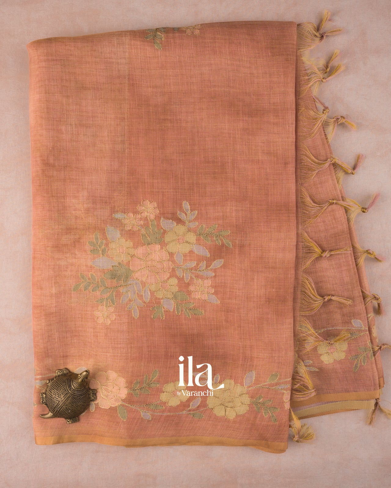 Peach Floral Printed and Embroidered Semi Linen Saree