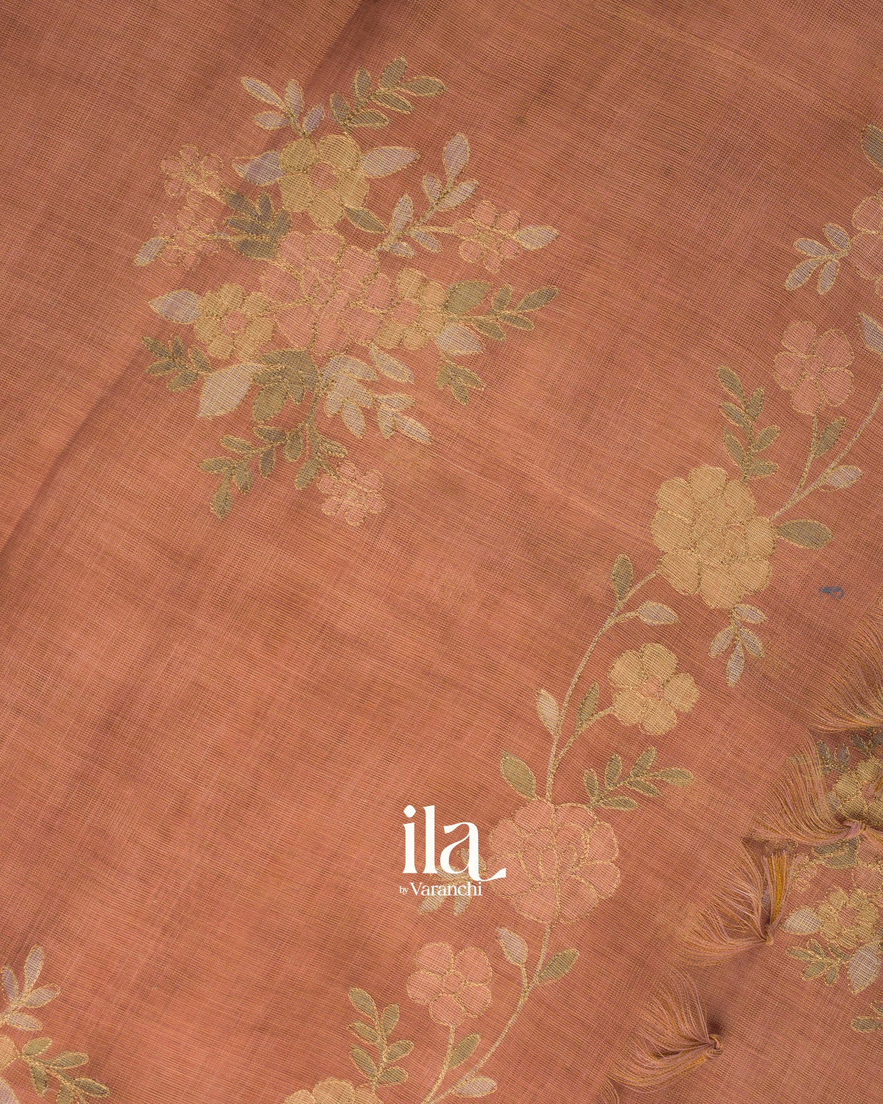 Peach Floral Printed and Embroidered Semi Linen Saree