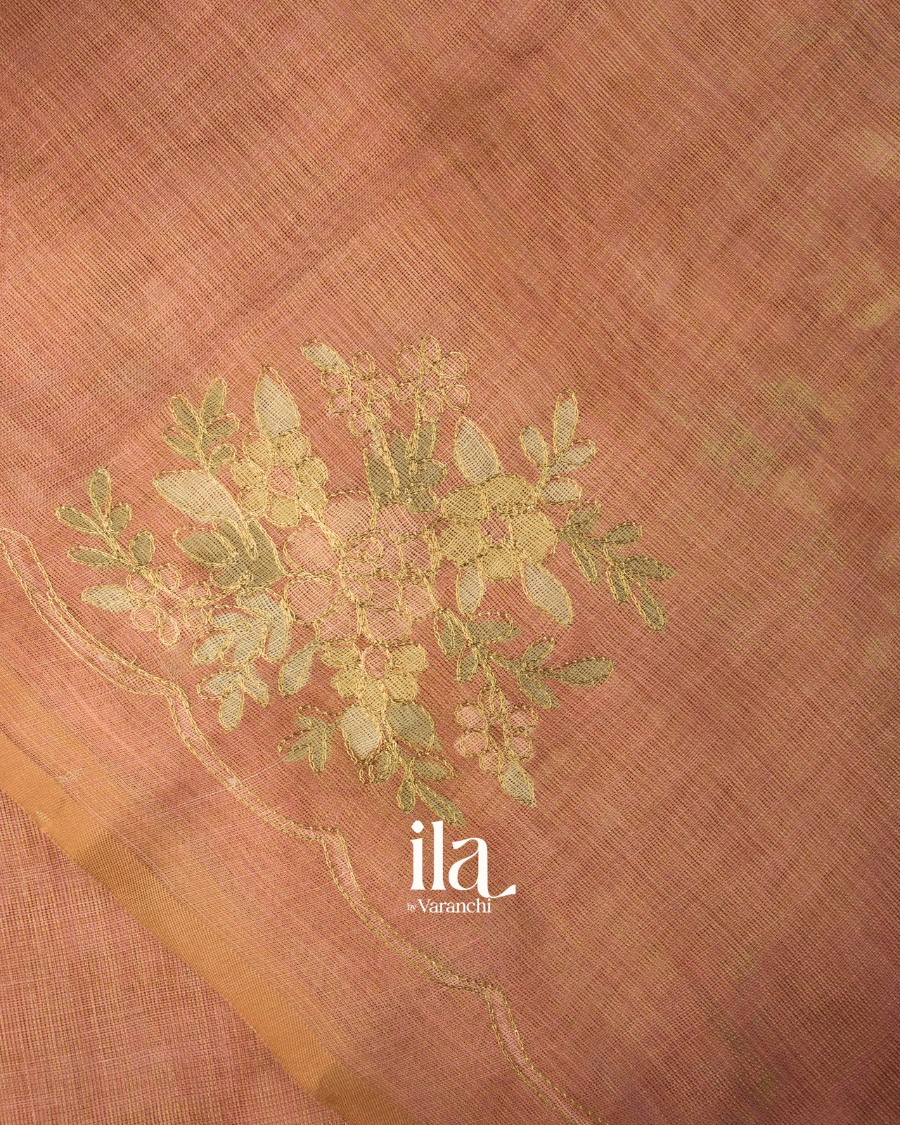 Peach Floral Printed and Embroidered Semi Linen Saree