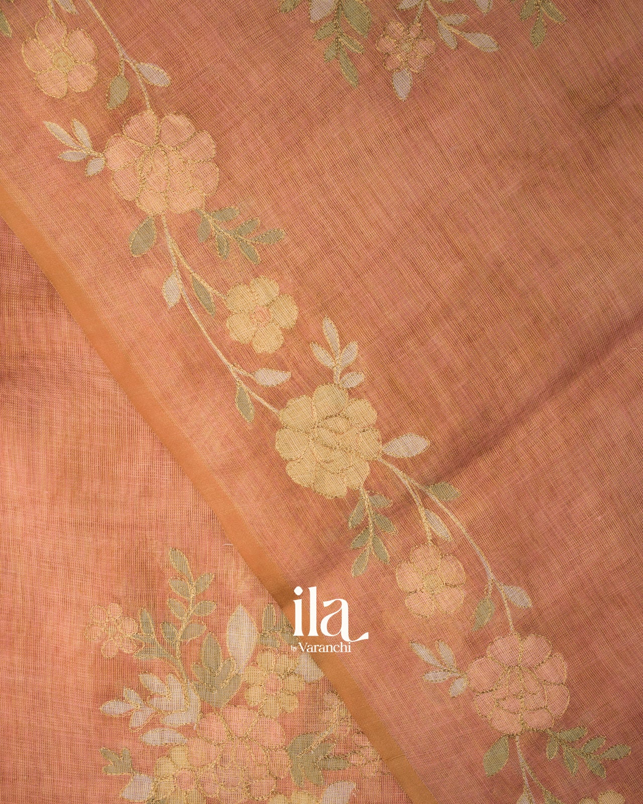 Peach Floral Printed and Embroidered Semi Linen Saree