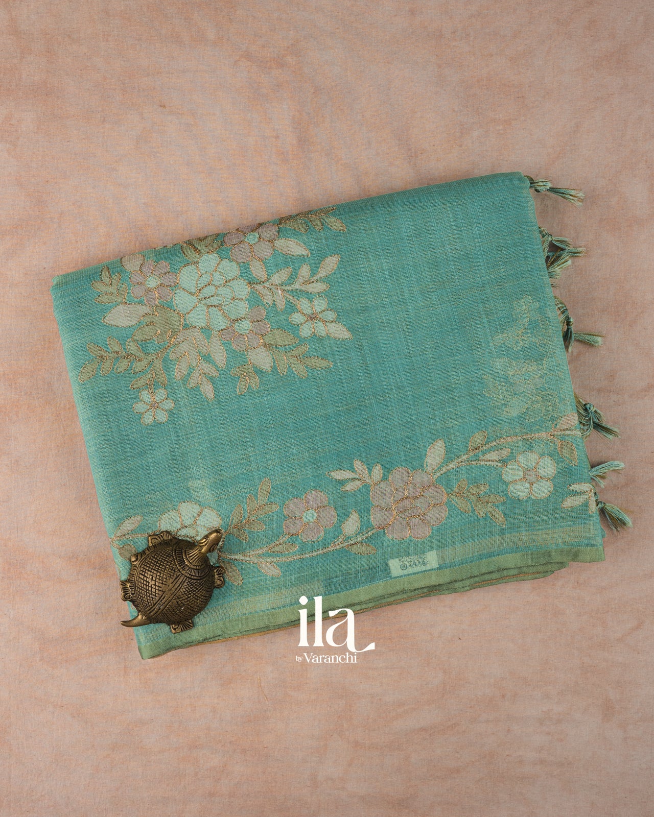 Sea Green Floral Printed and Embroidered Semi Linen Saree