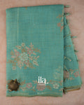 Sea Green Floral Printed and Embroidered Semi Linen Saree