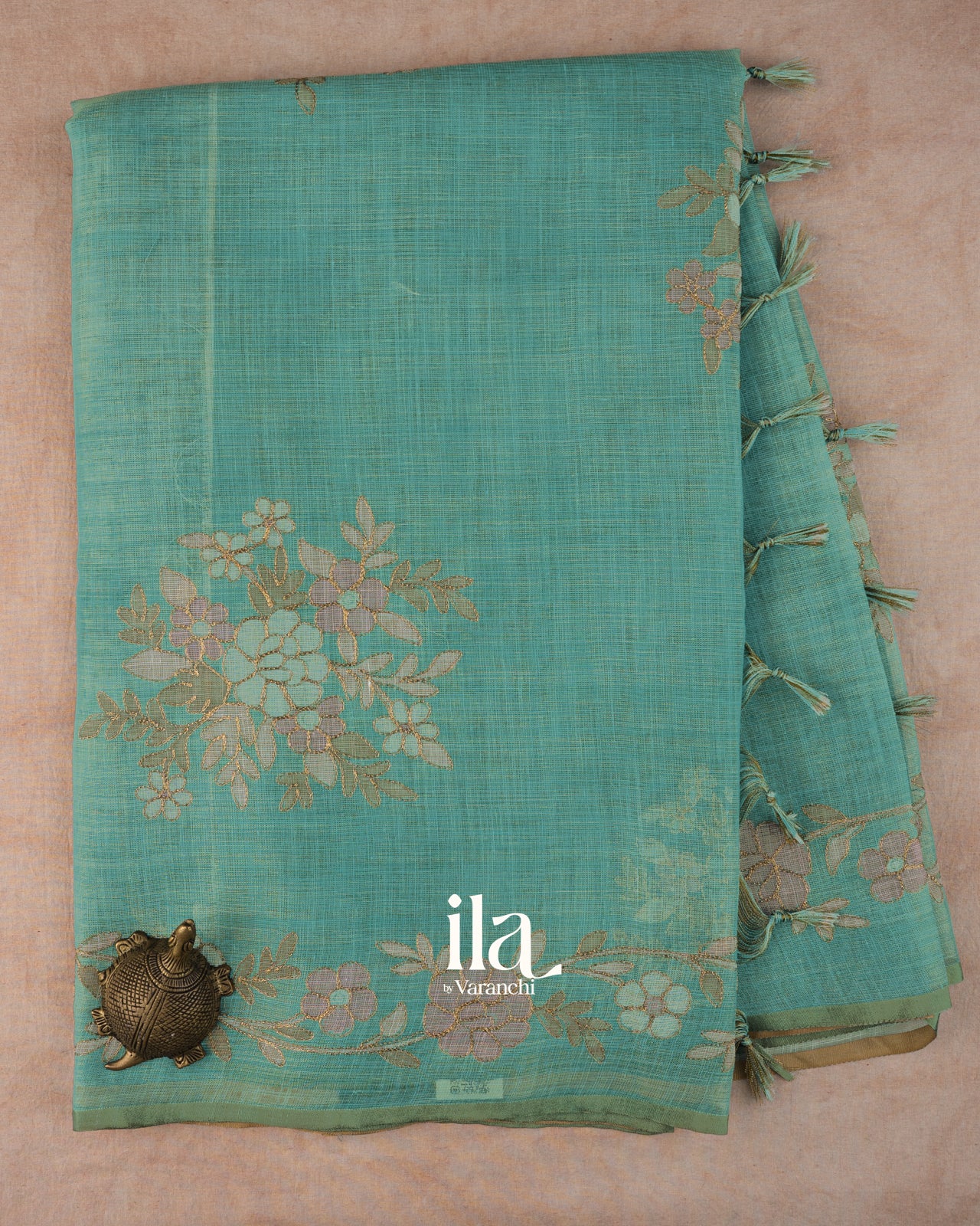 Sea Green Floral Printed and Embroidered Semi Linen Saree