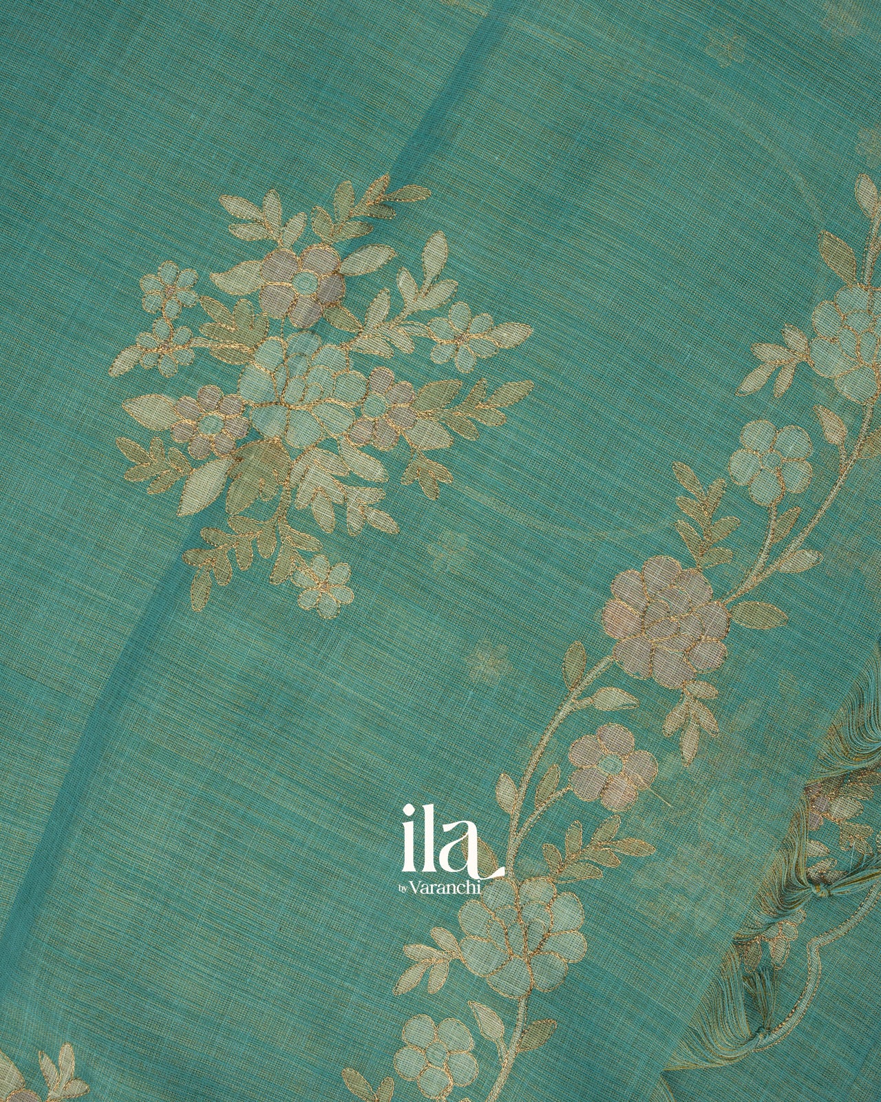 Sea Green Floral Printed and Embroidered Semi Linen Saree