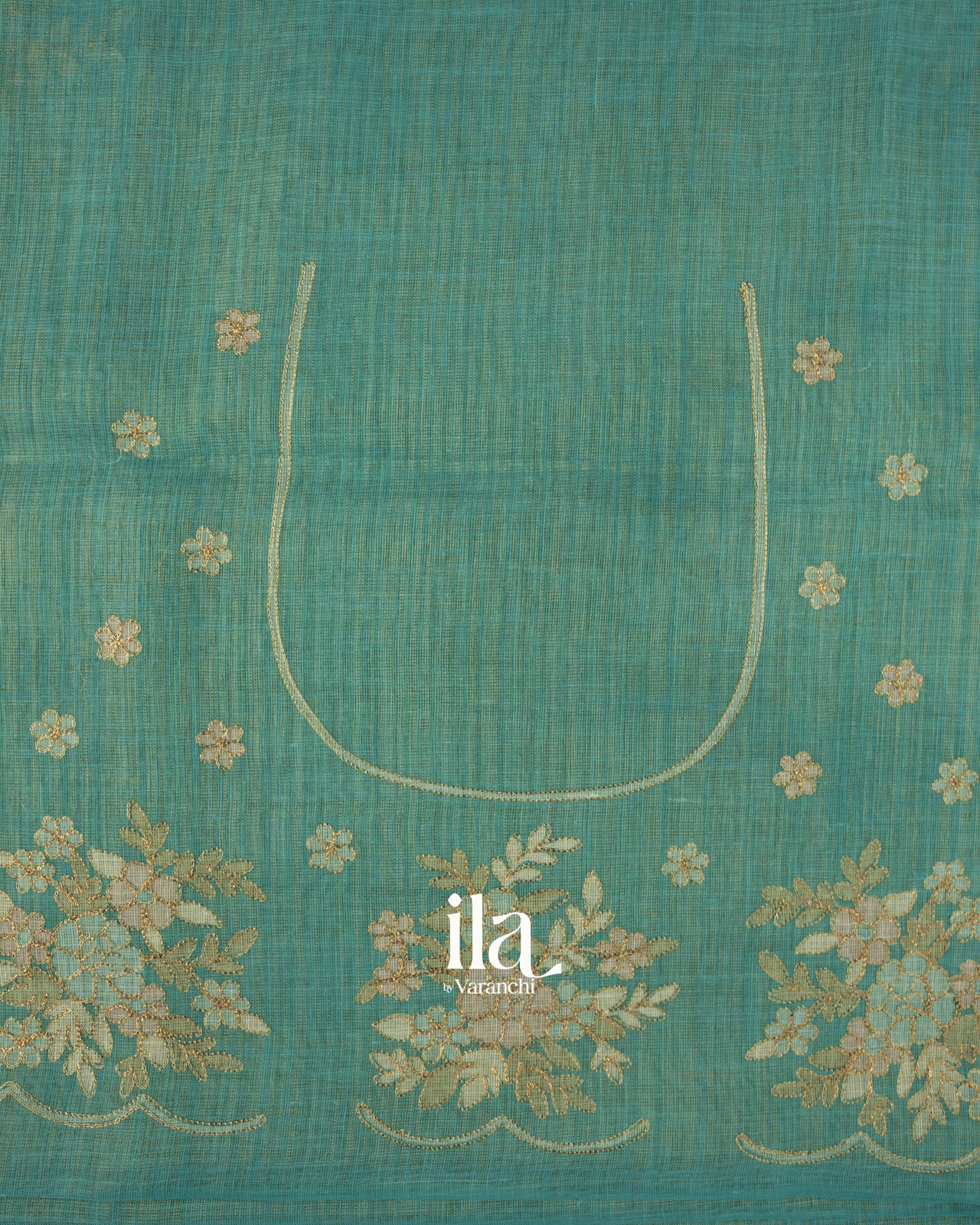 Sea Green Floral Printed and Embroidered Semi Linen Saree